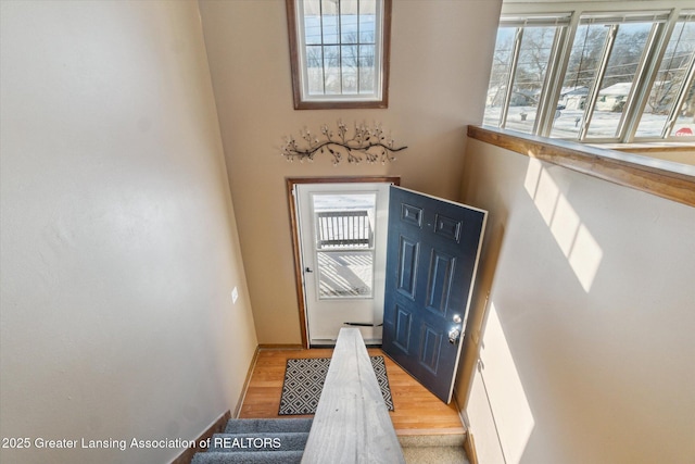 doorway featuring a healthy amount of sunlight and light hardwood / wood-style flooring