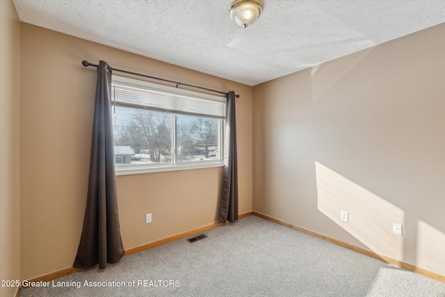 spare room featuring carpet flooring and a textured ceiling