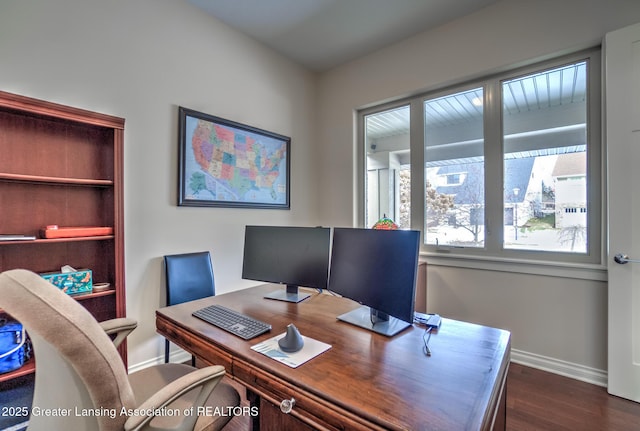 office area featuring dark wood-type flooring