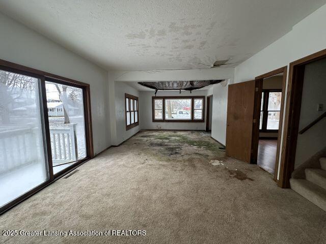 carpeted spare room featuring a textured ceiling