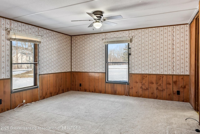 carpeted empty room featuring crown molding and ceiling fan