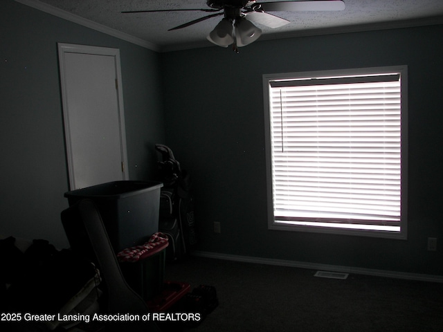 miscellaneous room featuring ceiling fan, ornamental molding, and a textured ceiling