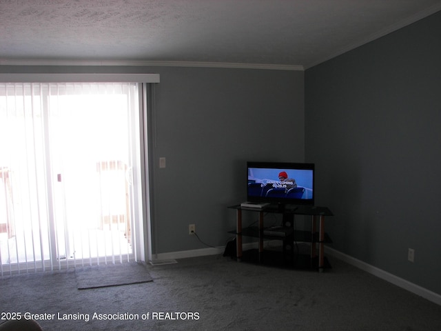 carpeted living room with ornamental molding and a textured ceiling