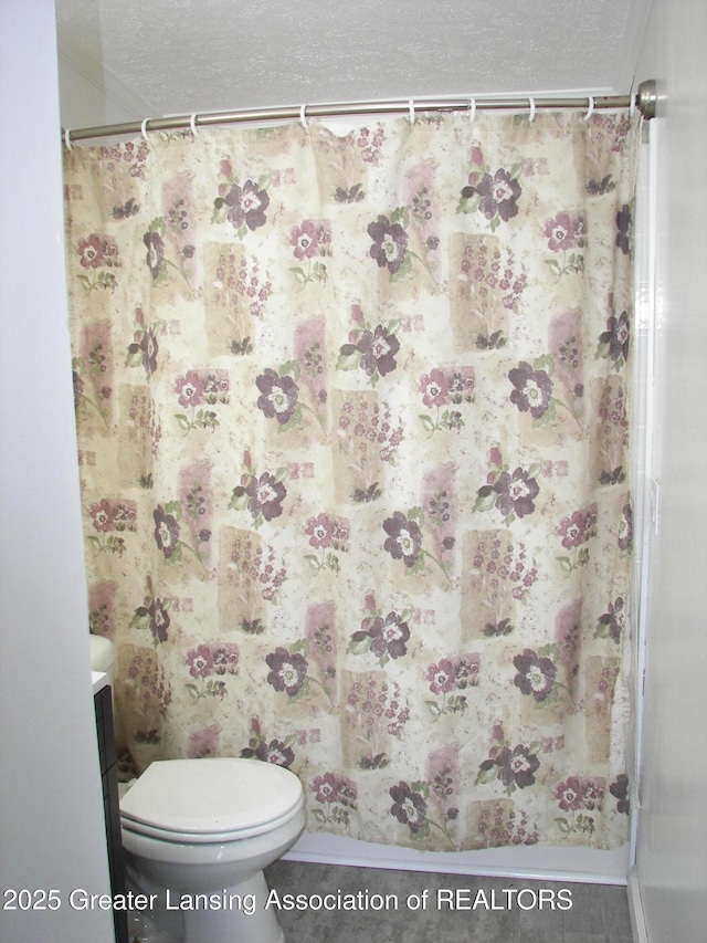 bathroom with vanity, a textured ceiling, a shower with curtain, and toilet