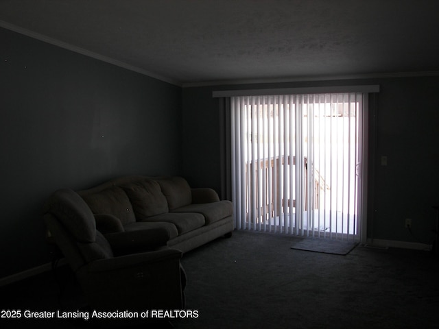 living room with crown molding and carpet floors