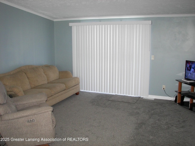 carpeted living room featuring crown molding and a textured ceiling