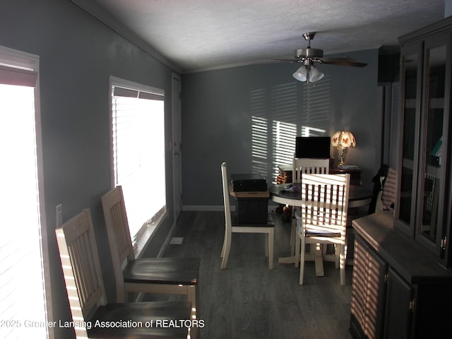 dining room featuring crown molding, dark wood-type flooring, ceiling fan, and a textured ceiling