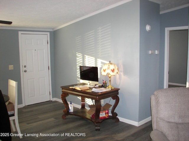 office with crown molding and dark hardwood / wood-style floors