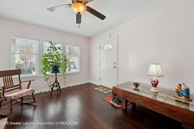 foyer entrance featuring ceiling fan and dark hardwood / wood-style flooring