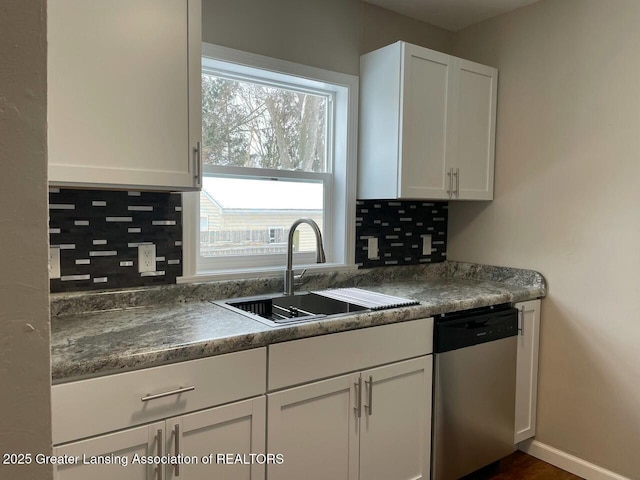 kitchen with dishwasher, sink, decorative backsplash, and white cabinets