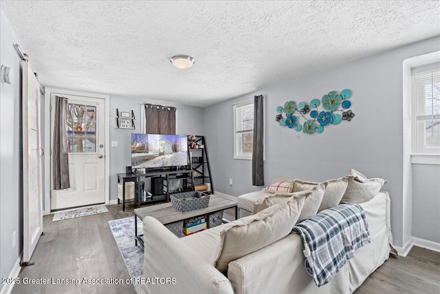 living room with a healthy amount of sunlight, hardwood / wood-style floors, and a textured ceiling