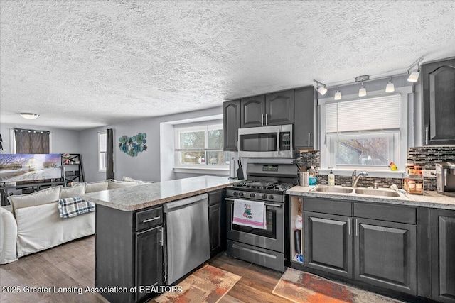 kitchen featuring appliances with stainless steel finishes, dark hardwood / wood-style floors, sink, decorative backsplash, and kitchen peninsula