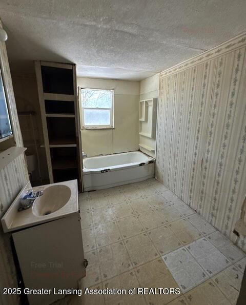 bathroom with vanity, a bathtub, and a textured ceiling