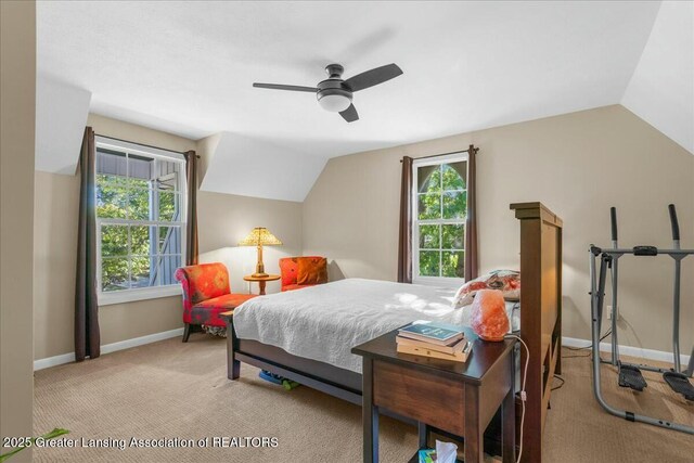 carpeted bedroom featuring ceiling fan and lofted ceiling