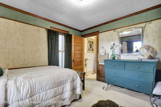 bedroom with crown molding, light colored carpet, and a textured ceiling