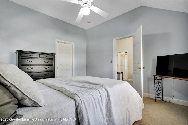 bedroom with light carpet, lofted ceiling, and ceiling fan