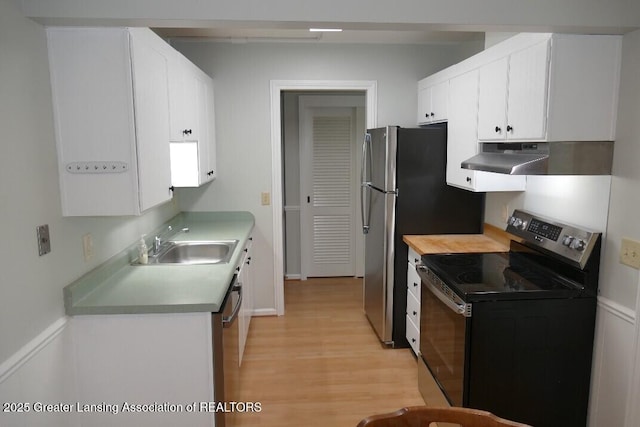 kitchen featuring electric stove, sink, light hardwood / wood-style flooring, and white cabinets