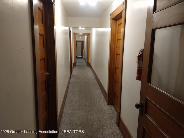 hall with baseboards and carpet floors