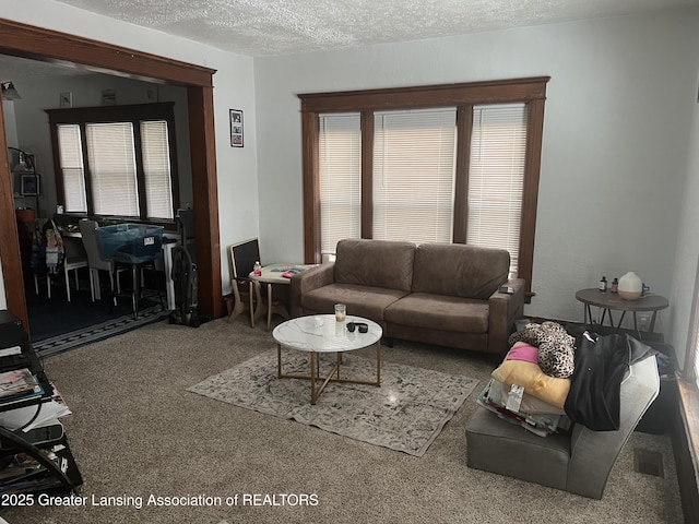 carpeted living room with a textured ceiling