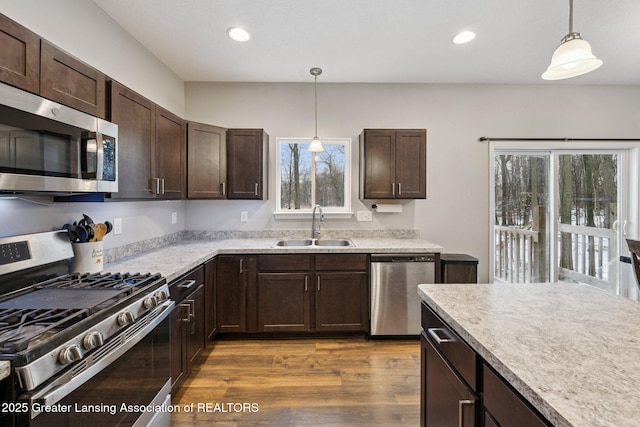 kitchen featuring appliances with stainless steel finishes, decorative light fixtures, sink, hardwood / wood-style flooring, and dark brown cabinets