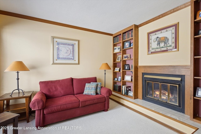 carpeted living room featuring crown molding, built in features, and a textured ceiling