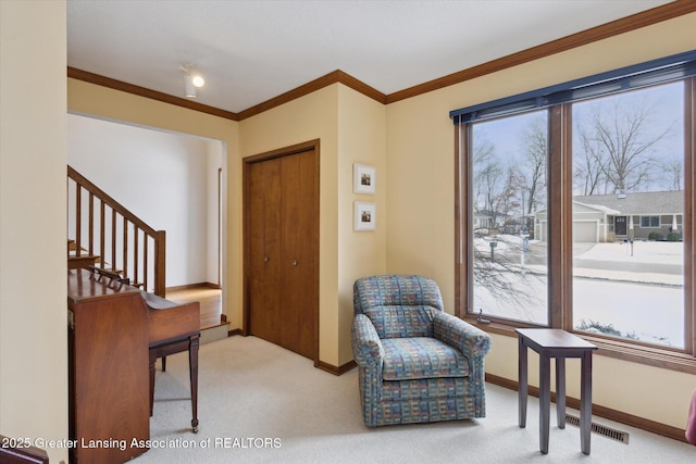 living area featuring crown molding and carpet floors