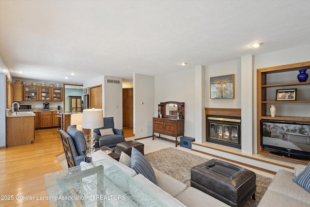 living room with sink, built in shelves, light hardwood / wood-style flooring, and a textured ceiling