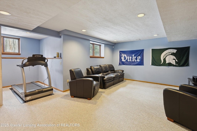 interior space with carpet flooring and a textured ceiling