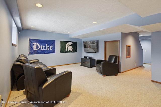 interior space with a textured ceiling and carpet flooring