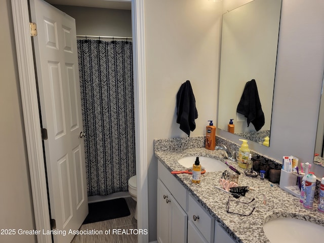 bathroom with vanity, toilet, and a shower with shower curtain