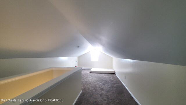 bonus room featuring lofted ceiling and dark carpet