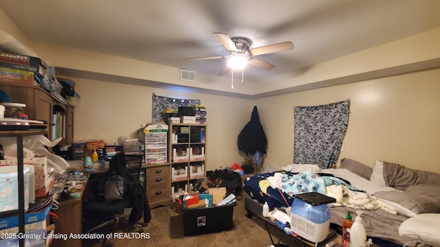 carpeted bedroom with ceiling fan