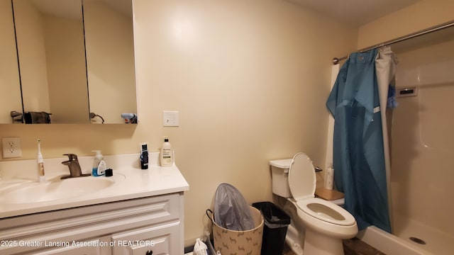 bathroom featuring vanity, toilet, and curtained shower