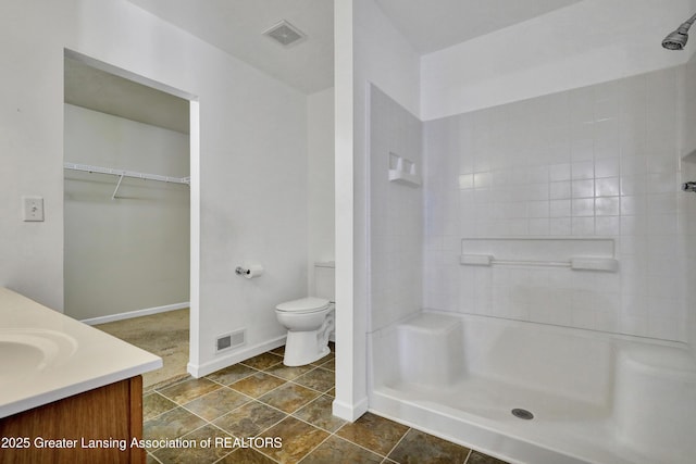 bathroom with vanity, toilet, and a shower