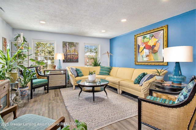 living room featuring wood-type flooring and a textured ceiling