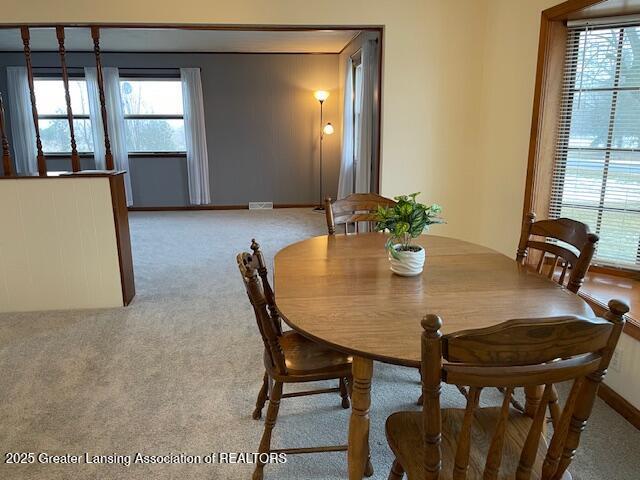 dining space featuring plenty of natural light, carpet flooring, and visible vents