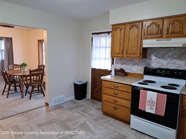 kitchen featuring light countertops, visible vents, decorative backsplash, electric range oven, and under cabinet range hood