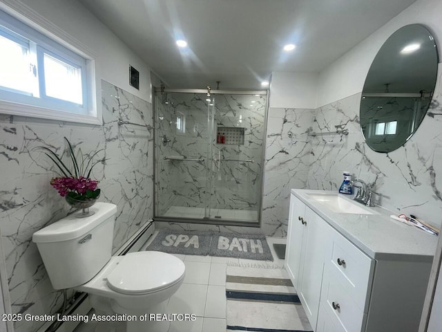 bathroom featuring toilet, an enclosed shower, tile walls, a baseboard radiator, and vanity