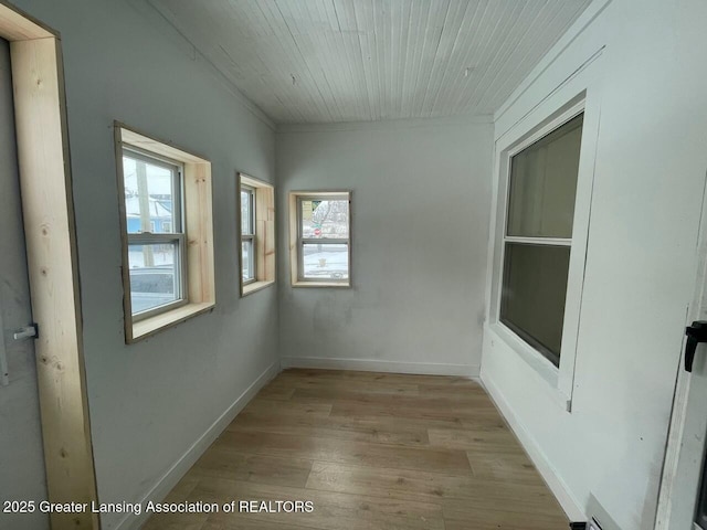 unfurnished room featuring wooden ceiling and light wood-type flooring