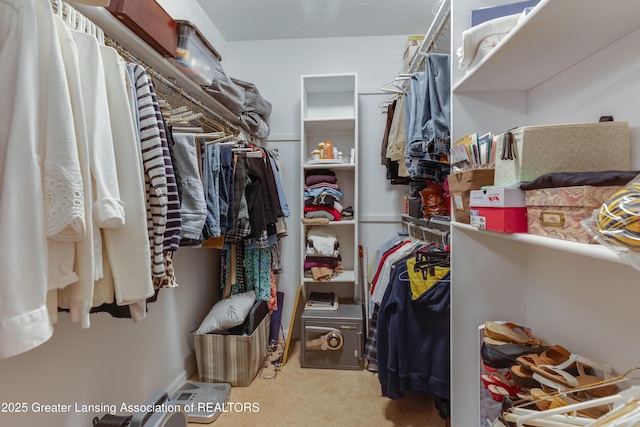 walk in closet with light colored carpet