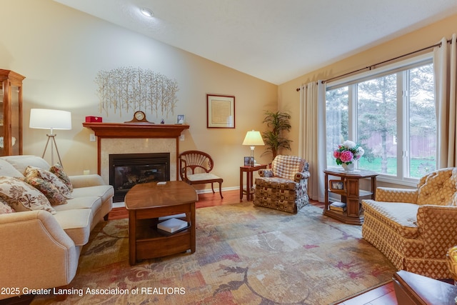 living room with lofted ceiling