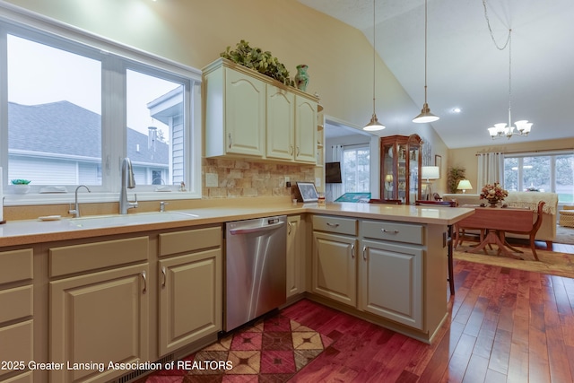 kitchen with sink, dishwasher, hanging light fixtures, a wealth of natural light, and kitchen peninsula