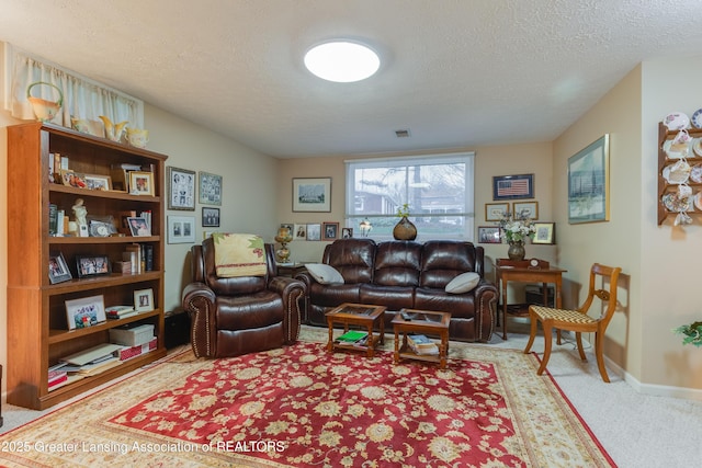 carpeted living room with a textured ceiling