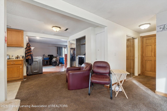 carpeted living room featuring washer / dryer and a textured ceiling