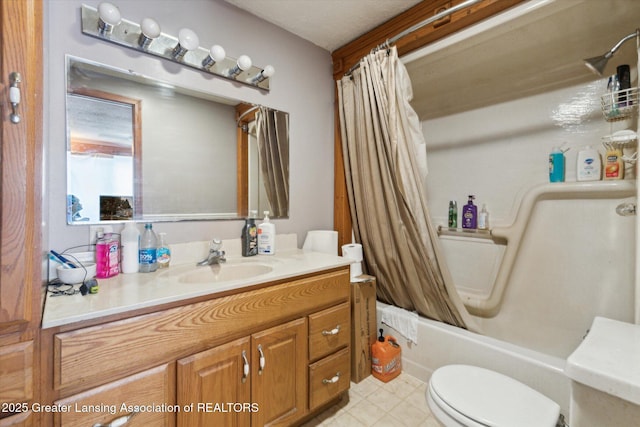 full bathroom with shower / bath combination with curtain, vanity, toilet, and tile patterned flooring