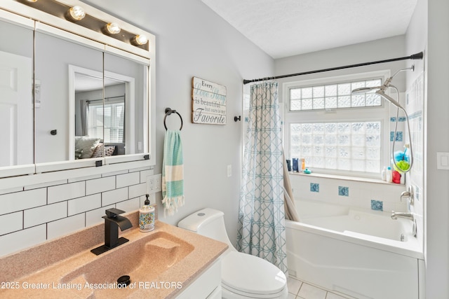 full bathroom featuring tasteful backsplash, vanity, toilet, shower / bath combo, and tile patterned floors