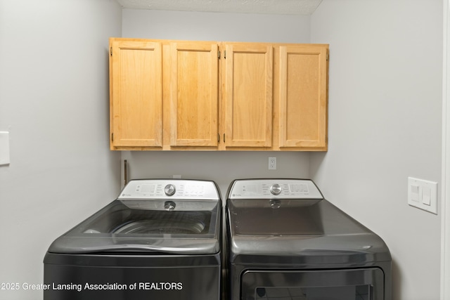 clothes washing area featuring cabinets and washing machine and clothes dryer