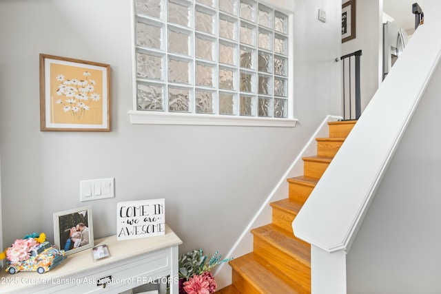 stairway featuring hardwood / wood-style flooring