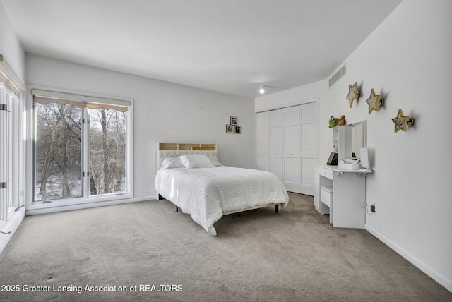 bedroom with carpet flooring and a closet