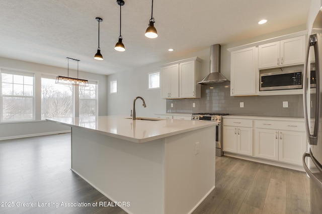 kitchen featuring sink, hanging light fixtures, stainless steel appliances, an island with sink, and wall chimney exhaust hood